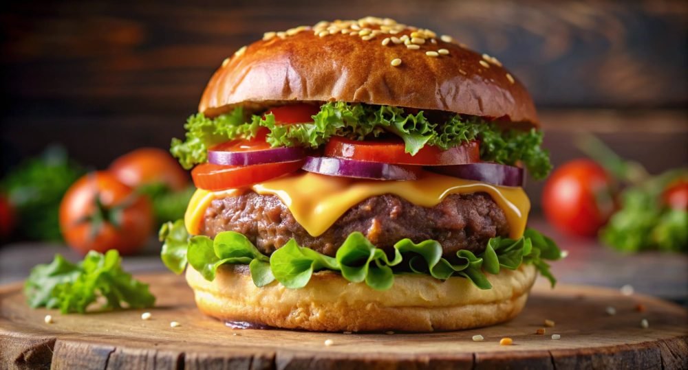 Juicy Cheeseburger on Rustic Wooden Board.